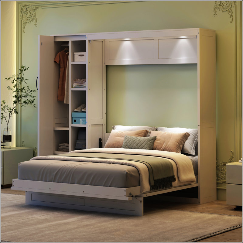 Lit escamotable double avec tablettes, Double, Blanc