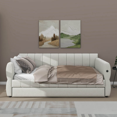 Queen-Size Upholstered Platform Bed With USB Ports & Trundle, Contemporary Wooden Bed Frame