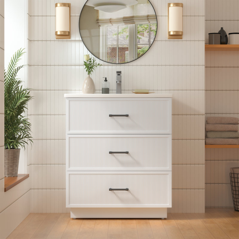  30" Bathroom Vanity with Ceramic Sink, Modern Freestanding Bathroom Vanity with 2 Drawers, White