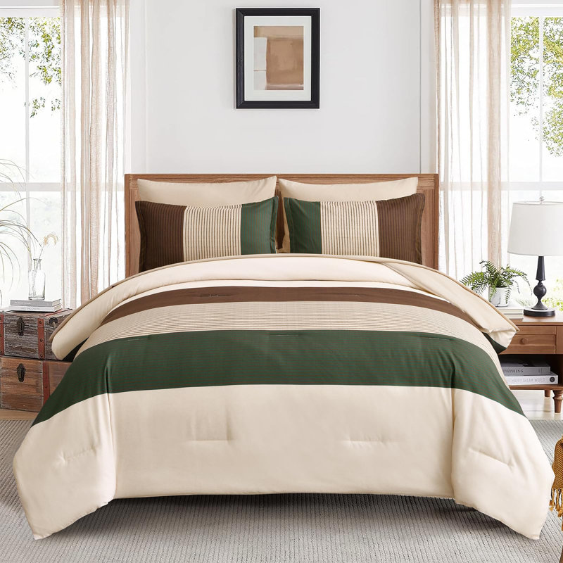 Ensemble d'édredon 7 pièces rayé en microfibre légère avec édredon, taies d'oreiller, taies décoratives, drap plat et drap-housse
