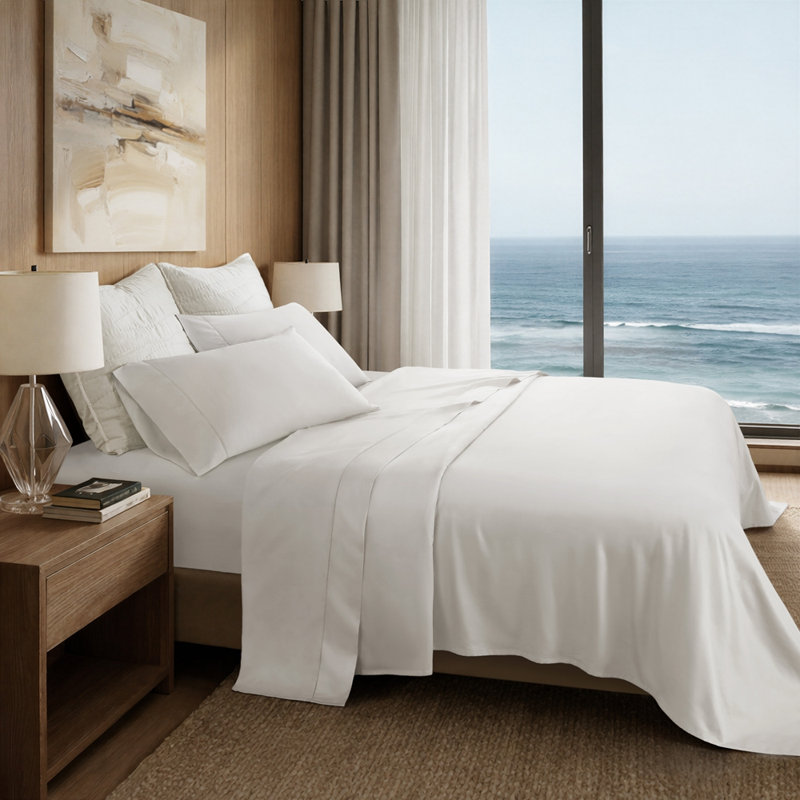 Ensemble de draps en coton 4 pièces, Blanc brillant, Très grand lit