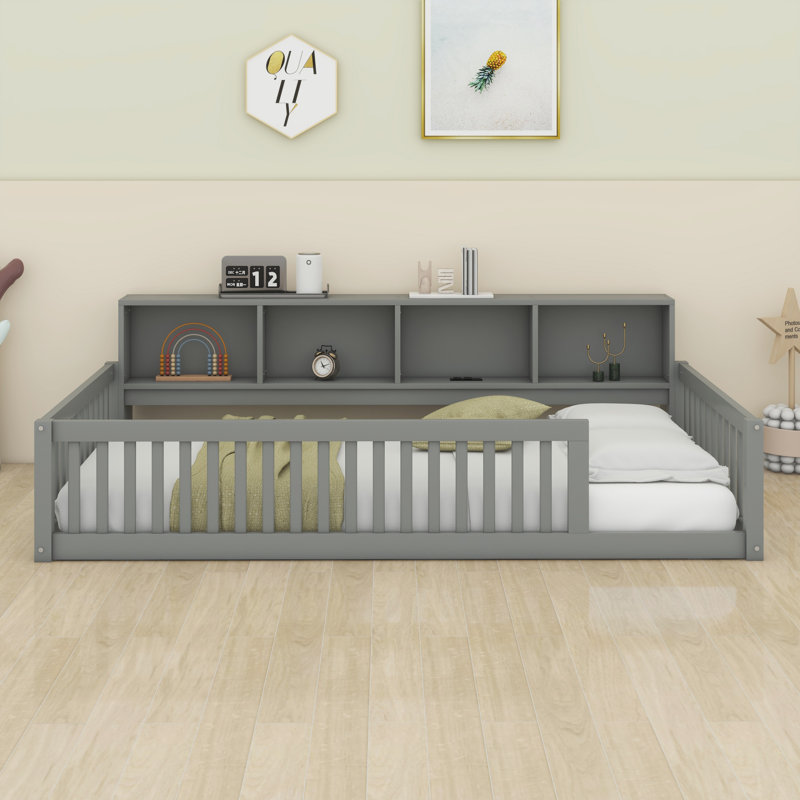 Lit au sol avec armoires de rangement et ports USB, Gris