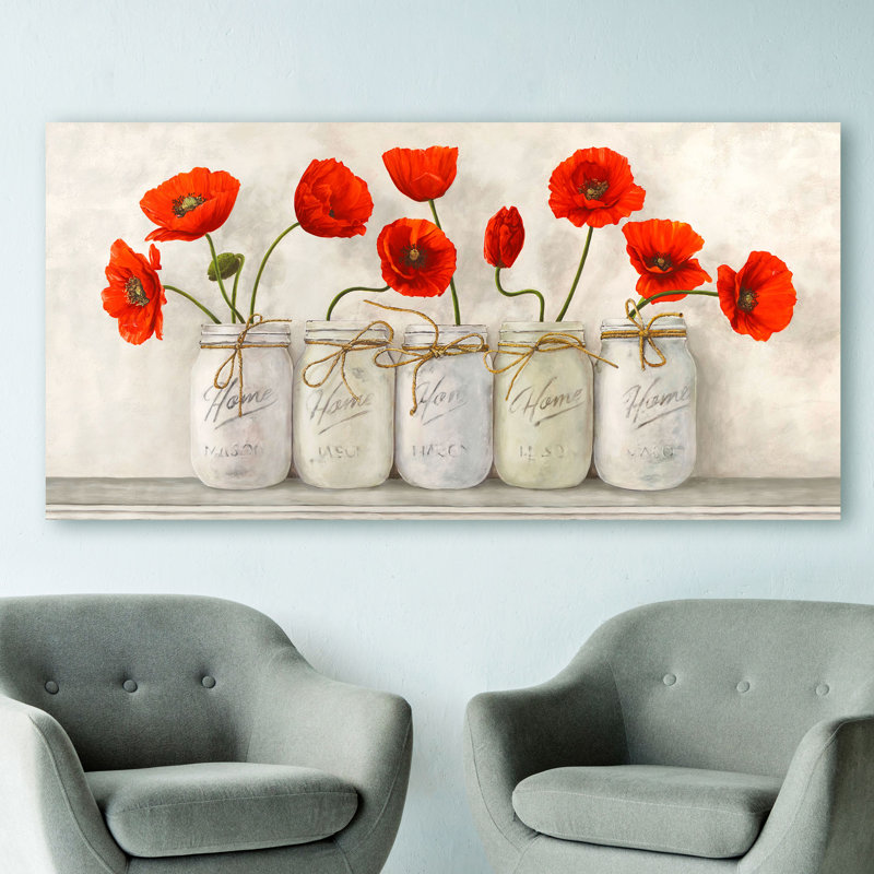 Red Poppies In Mason Jars by Jenny Thomlinson - Wrapped Canvas Painting, 35cm H x 70cm W x 4cm D