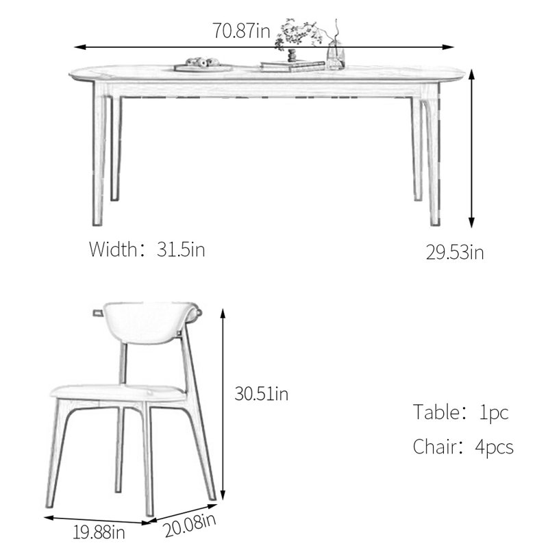 Simple sintered stone dining table set, 29.53"H x 70.87"L x 31.5"W