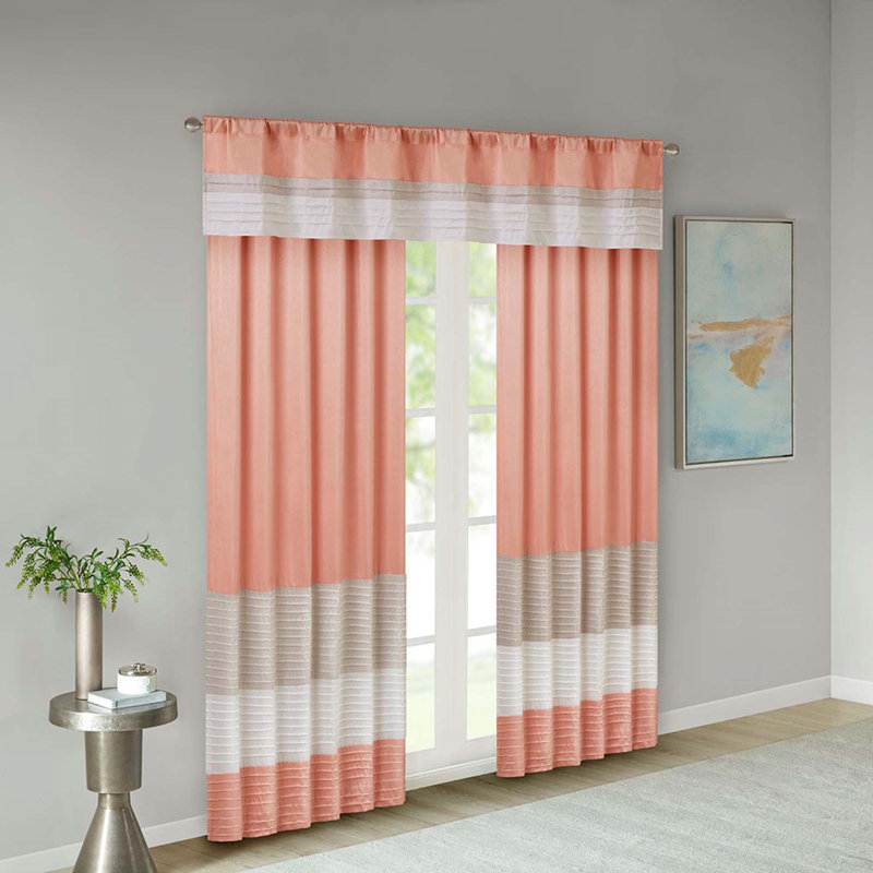 Polyoni Pintuck Curtain Panel(Only 1 Pc Panel), Orange/White/Beige