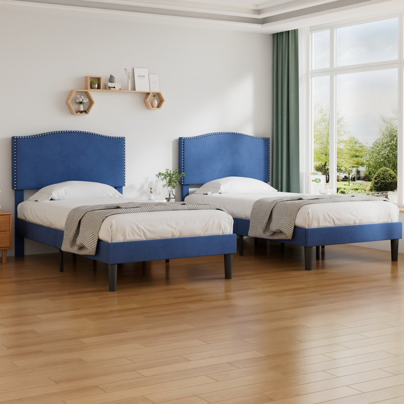 Fahmidah Twin Bed Frame Set Upholstered Platform with Headboard and Strong Wooden Slats, Dark Blue