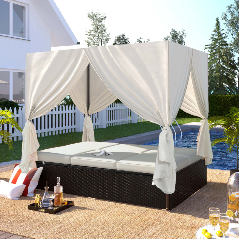 Méridienne d'extérieur double avec rideaux, lit de patio d'extérieur avec dossier réglable, canapé-lit à structure en acier robuste pour la cour, la piscine et la terrasse