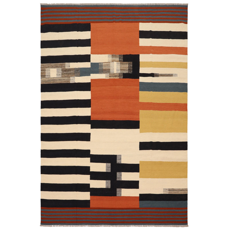 Tapis rayé beige / rouille / noir en laine noué à la main 8 pi 3 po x 10 pi