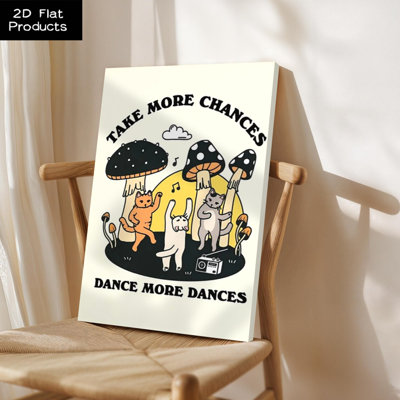 Chats dansant parmi des champignons, «Take More Chances, Dance More Dances», style de dessin animé fantaisiste. Art mural encadré en toile - Cadre en bois massif de 24 po x 36 po et 1 po d'épaisseur pour le salon ou la chambre à coucher