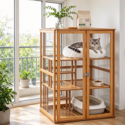 Bamboo Indoor Cat Enclosure, Multi-Level Cat Cage Catio with Clear Panels, Vent Top & Litter Box Space, Indoor Cat House for Home Living Room