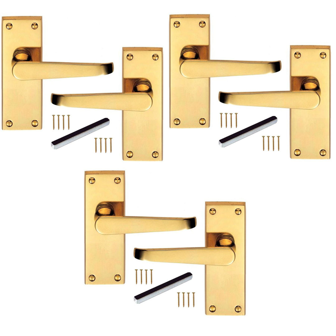 3 Pairs Victorian Straight Lever Latch Door Handles in Polished Brass Finish - 120mm x 40mm