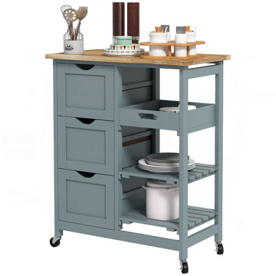 Rolling Kitchen Island Cart, Bar Serving Cart, Compact Trolley On Wheels With Wood Top, Shelves & Drawers For Home Dining Area