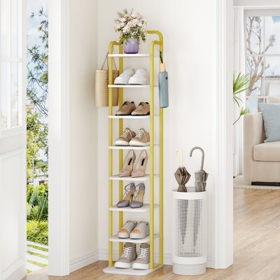 Range-chaussures vertical à 8 niveaux, tour à chaussures étroite, étagère à chaussures haute avec 2 crochets, tablettes réglables, étagères à chaussures de coin pour petits espaces, vestibule, salon, or blanc