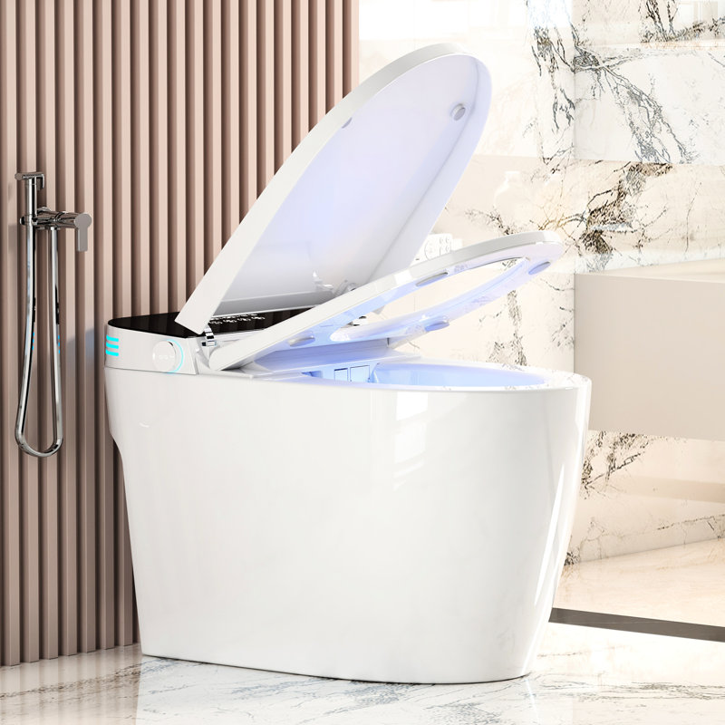 Toilette intelligente avec bidet intégré, eau chaude, sécheuse et technologie de jet siphonique nocturne, alimenté par batterie, plusieurs méthodes de rinçage, fonctions du bidet, siège chauffant, chasse automatique, chasse à distance,