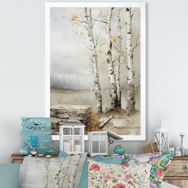 Rustic Birch Tree Charm - Art mural bouleau, H 32 po x l 24 po x P 1 po, Cadre simple blanc