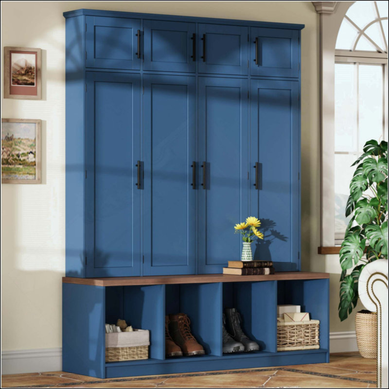 Farmhouse Hall Tree With 4 Hidden Hanging Hooks, Versatile Seating Bench With 8 Doors, Entryway Shoe Cabinet With Open Compartment For Living Room