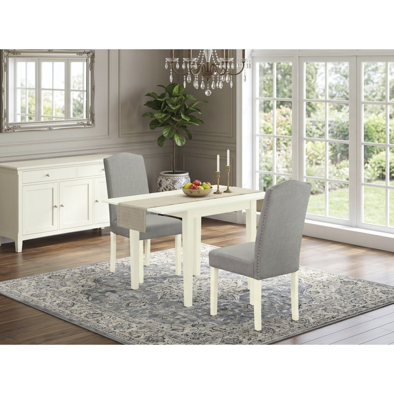 L'ensemble de meubles de salle à manger 3 pièces contient une table de salle à manger rectangulaire avec Dropleaf et 2 chaises Parsons en simili cuir pour étang, 30 x 48 pouces, lin blanc