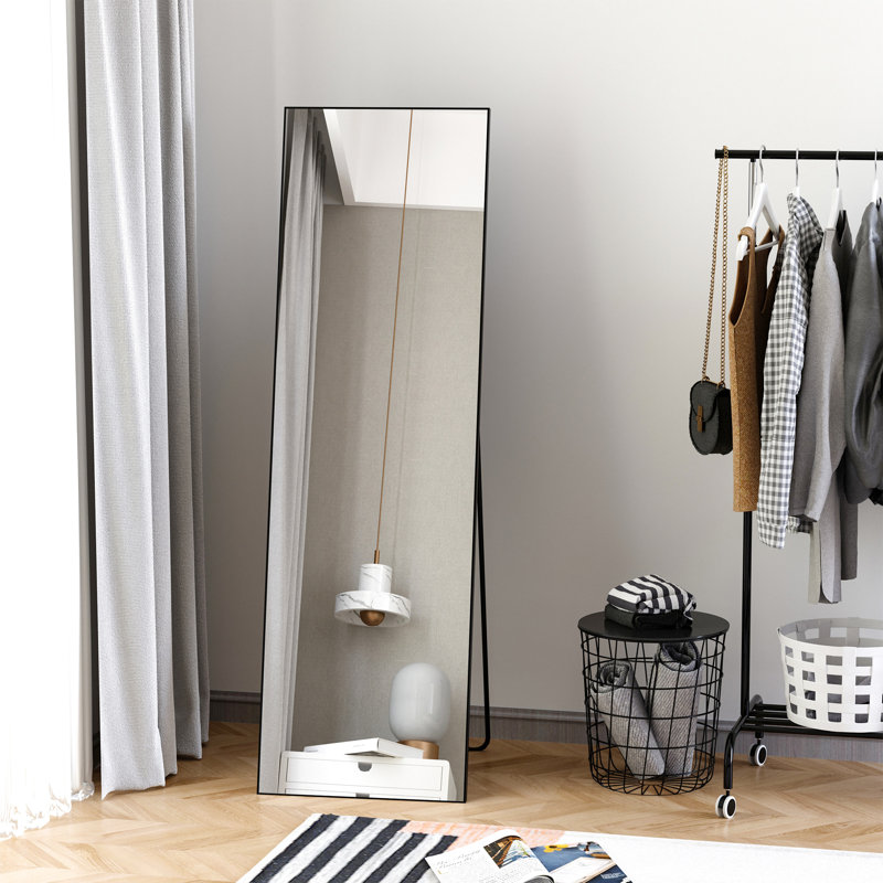 Miroir pleine grandeur pour l'intérieur de la maison, 19,77 po x 63,5 po, noir, autoportant ou mural, construction solide, caractère noir, salon, chambre à coucher, salle de bain, intérieur de projet autoportant / stable