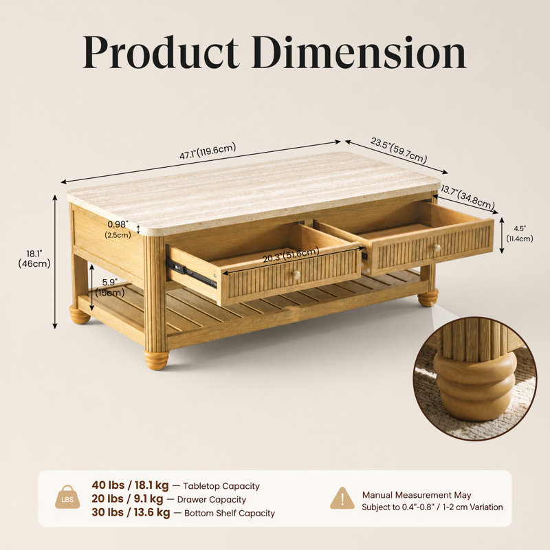 Table basse de rangement COLAMY VERSE 47,2 po avec 2 tiroirs et une tablette ouverte