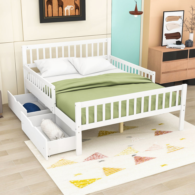 Lit plateforme en bois avec tête de lit, garde-corps et tiroirs de rangement Idahlia, Double, Blanc
