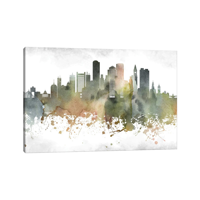 «Boston Skyline» par Walldecoraddict - Toile tendue, estampe numérique sur toile tendue, H 12 po x l 18 po x 1,5 po
