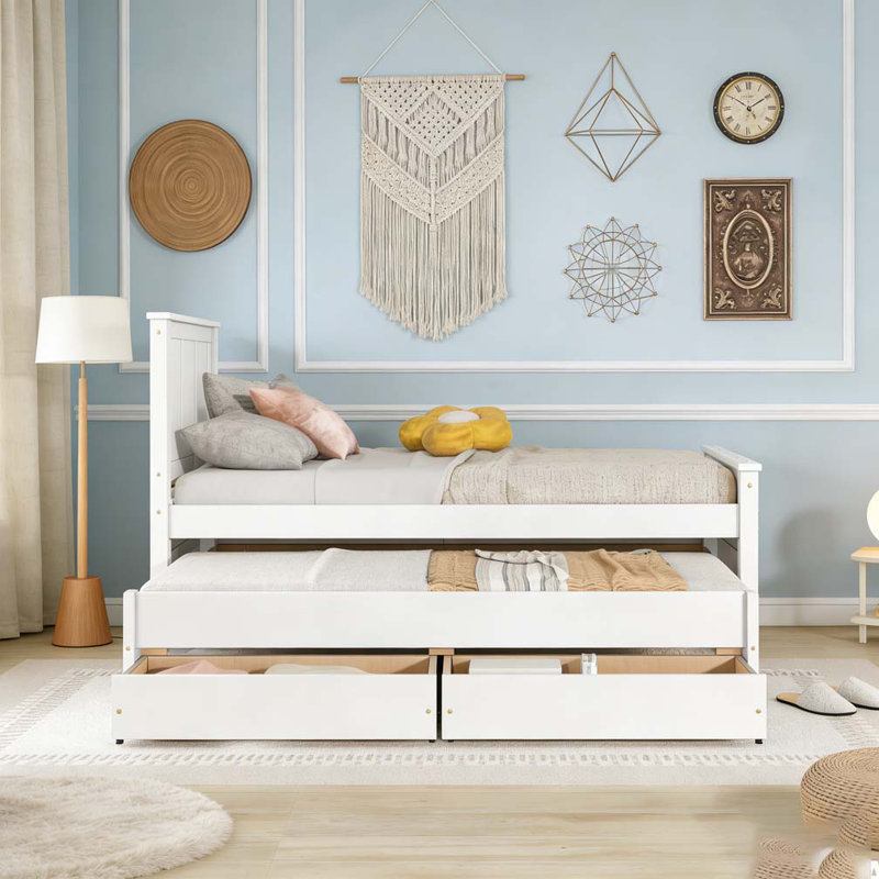 Lit plateforme simple avec lit gigogne et tiroirs, Blanc