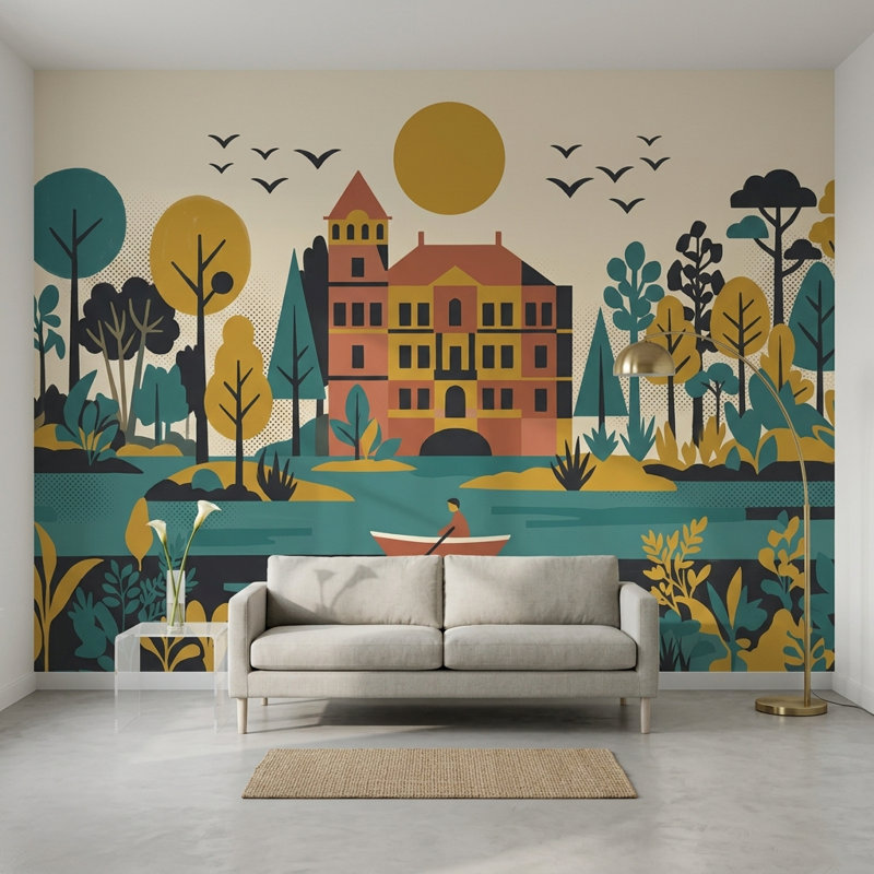 Papier peint rétro Mid Mid Modern, 140 po x 108 po, Peler et coller