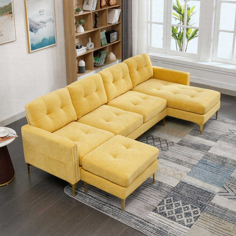 Canapé modulaire convertible en L 110,6 po avec repose-pieds mobile, Jaune