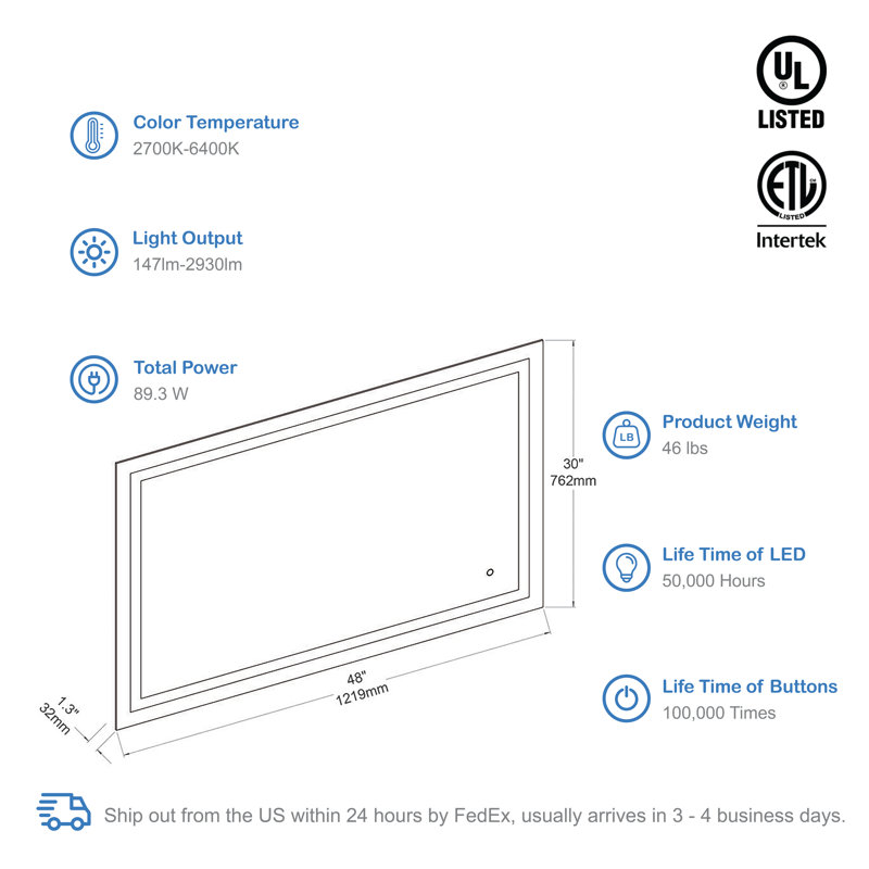 Lyra LED Lighted Bathroom Mirror with Defogger – Wall-Mounted Vanity Mirror with Adjustable Brightness & Color Temperature