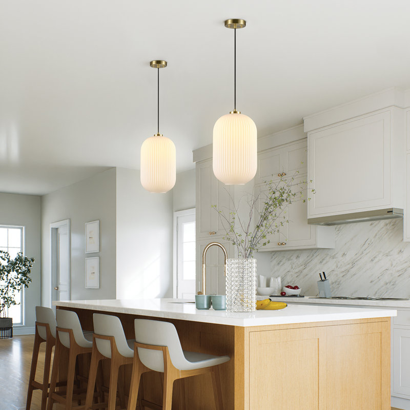 1-Light Pendant Lighting with Ribbed Opal Glass Shade, Matte Brass