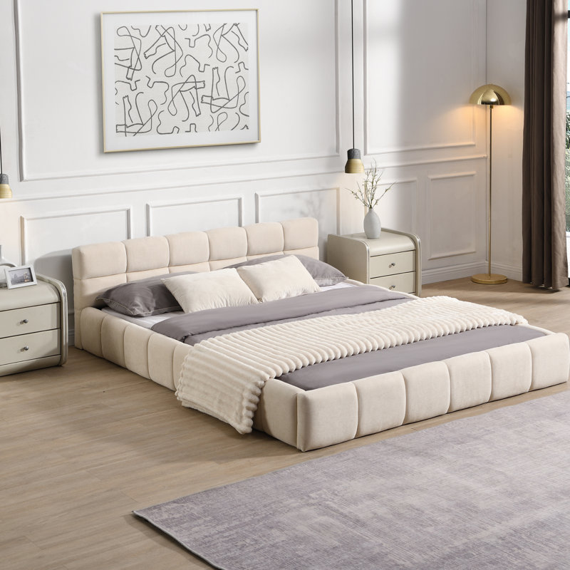 Lit tapissier en chenille beige doux en grand lit avec damier pour un sommeil paisible, Grand lit