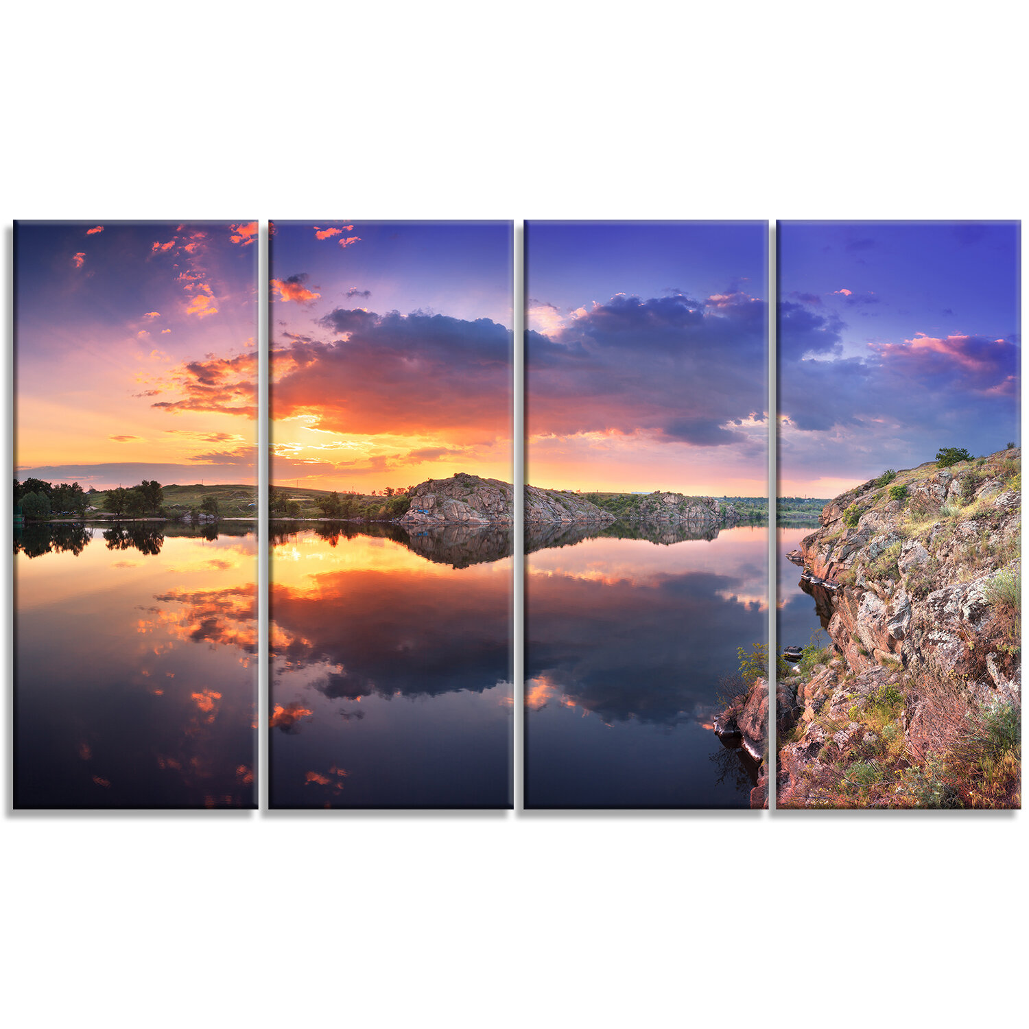 DesignArt Sunset At River With Large Clouds On Canvas 4 Pieces