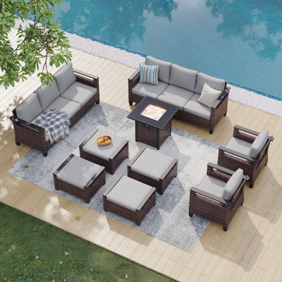 Canapé 9 pièces pour patio avec foyer carré et repose-pieds