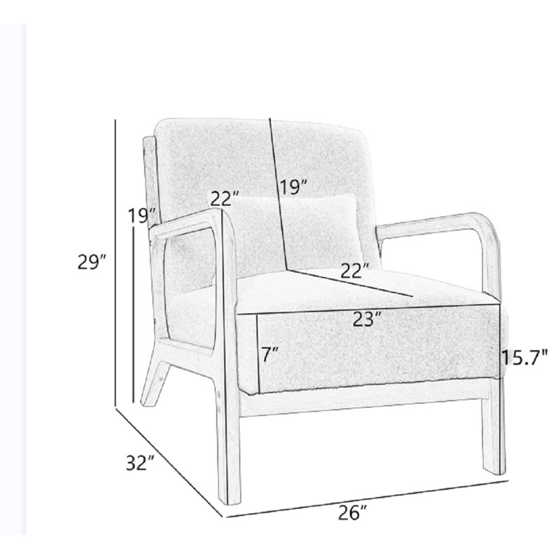 Hertford 26" Wide Mid Century Upholstered Solid Wood Accent Chair with an Extra Pillow, Beige 