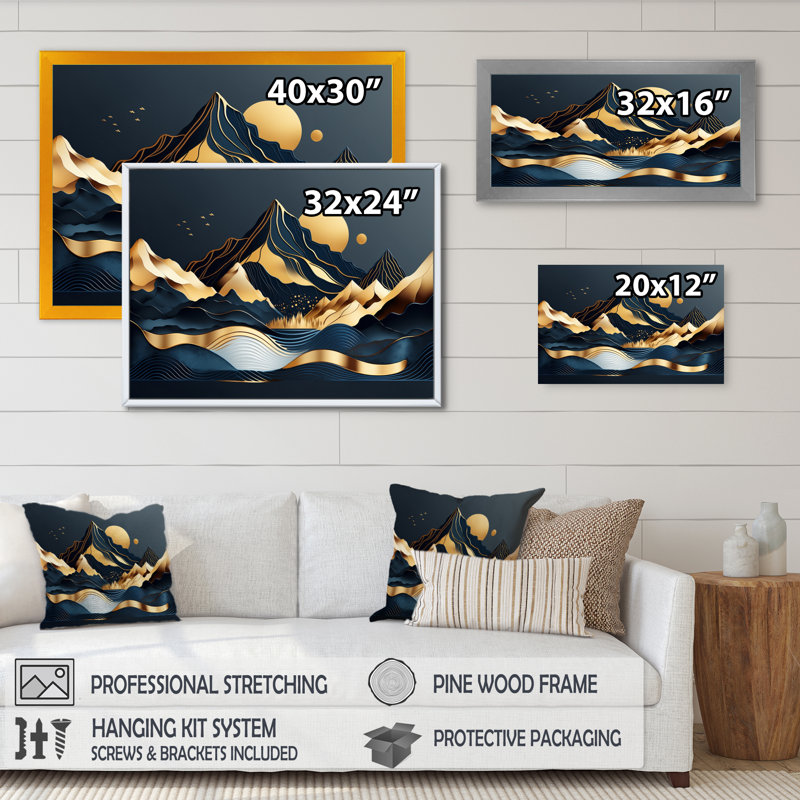 Narcyz Gold Minimalist Mountains III, H 12 po x l 20 po x P 1 po, Cadre flottant noir