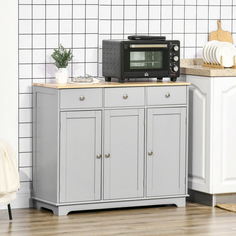 Buffet avec tiroirs, armoire de cuisine, armoire à café avec plateau en bois d'hévéa et tablettes réglables pour le salon et la cuisine
