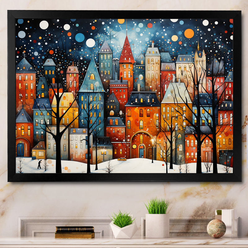 Orange orange Village Art déco - Art mural déco ville, Cadre flottant doré, H 16 po x l 32 po x P 1 po