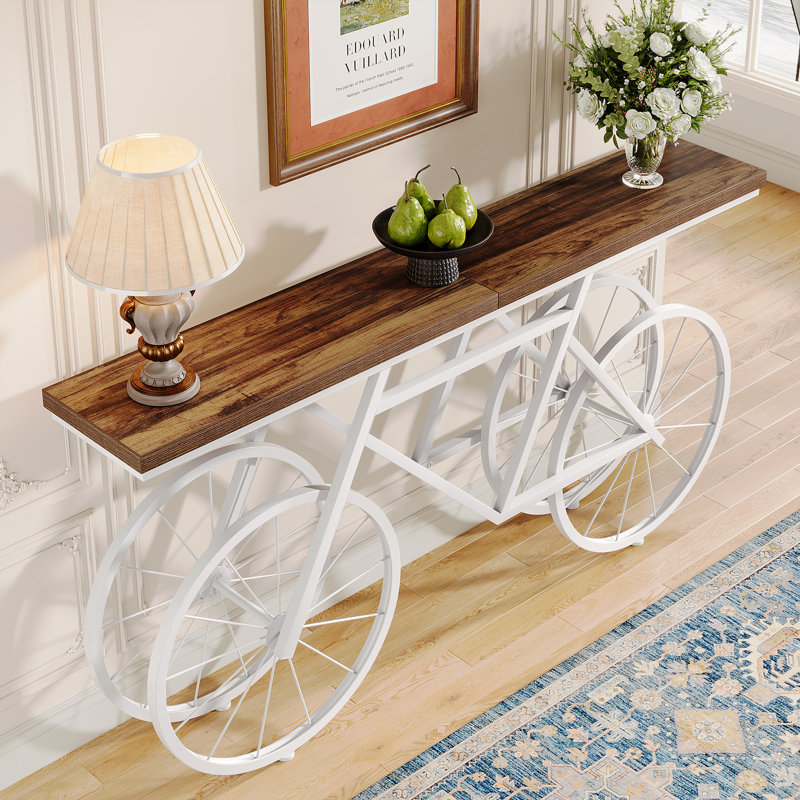 70.9'' Extra Long Console Table with Bicycle Base, Narrow Sofa Table Industrial Entryway Table, Rustic Brown, White