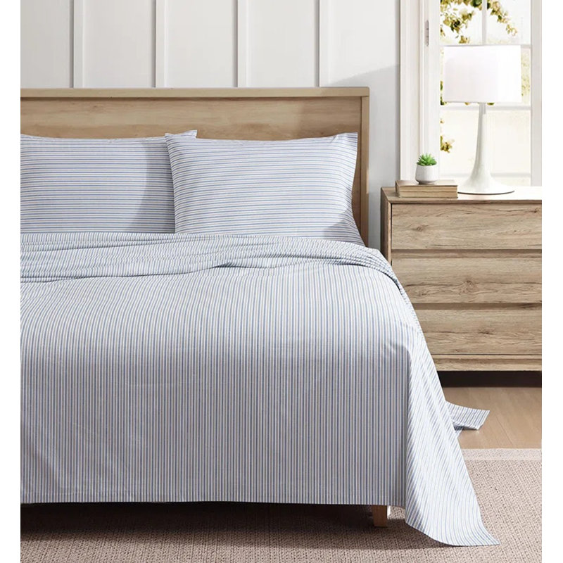 Shasta Lake Cotton Percale Standard Sheet Set, Full Sheet Set with 2 Pillowcases, Ticking Stripe Green