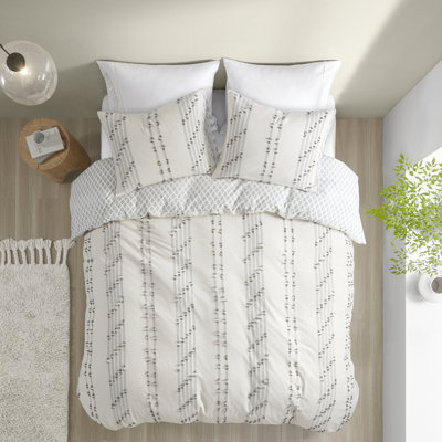Housse de couette 100% coton pour lit double / grand lit avec rayures grises, revers, 2 taies décoratives, lavable et fermeture à boutons, 4 attaches intérieures, réversible, lavage en machine,,, -,