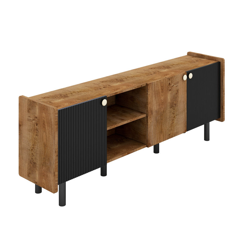 Mid Century Modern TV Stand With Storage Cabinets And Open Shelf, Brown/Black