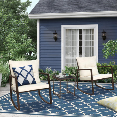 Kinzie Wicker 3 Piece Outdoor Rocking Chairs set, Patio Bistro Set with Cushions and Coffee Table
