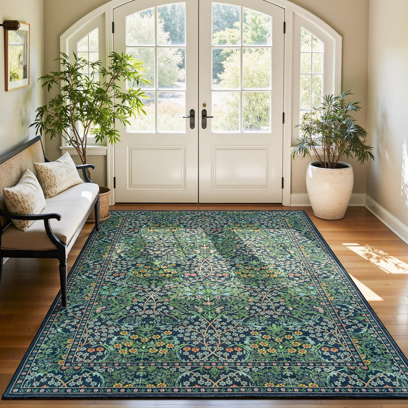 2'X6' Faux Wool Washable Vintage Floral Runner Rug for Hallway Green, Runner 2' x 6'