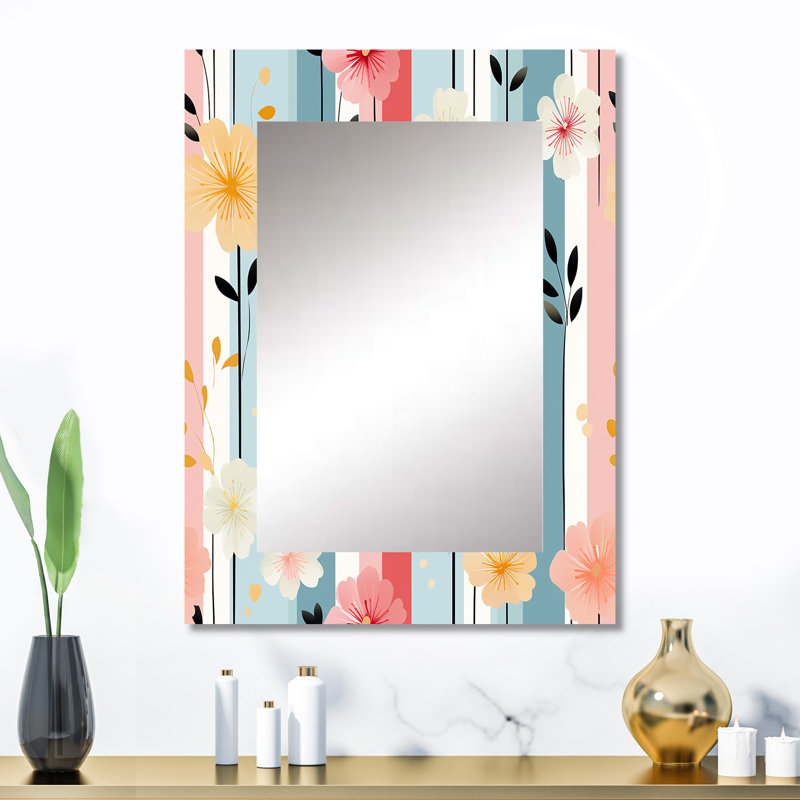Amun rétro à motif de rayures pastel et de fleurs - miroir mural rayé, miroir décoratif moderne, impression d'art en métal