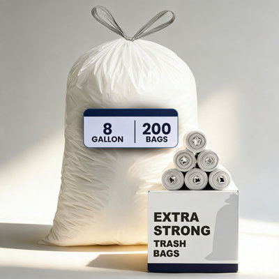 8 Gallon Drawstring Trash Bags, 200 Count - Leak-Resistant And Tear-Proof Garbage Can Liners For Kitchen, Bathroom, Office, And Small Trash Cans