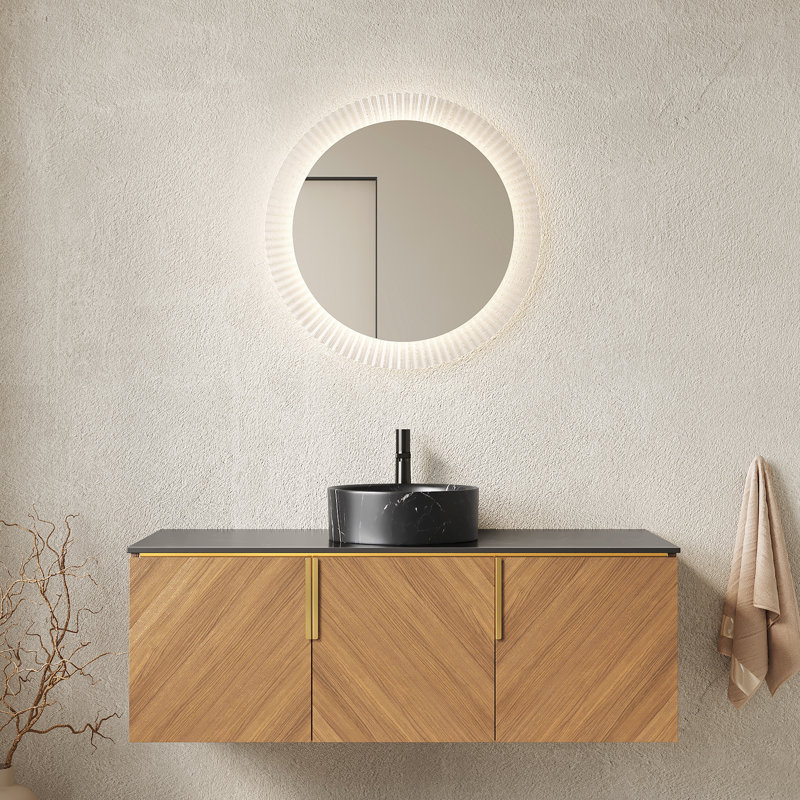 Meuble-lavabo de 48 po avec lavabo rond en céramique noir, motif de pierre, chêne brun, comptoir fritté avec armoire de rangement à fermeture en douceur, grain, conception diagonale,