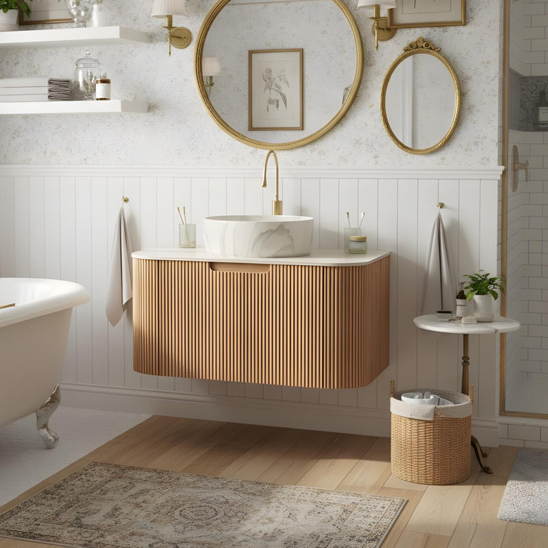 Meuble-lavabo flottant mural 30 po avec lavabo rond en céramique à motif de pierre et tiroir, Clair naturel, 30", Beige
