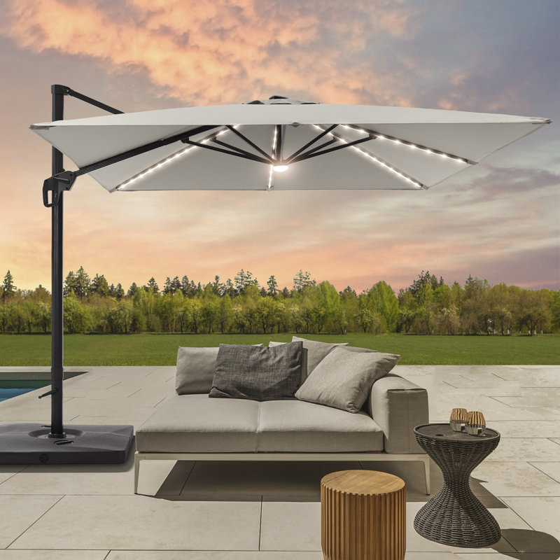 Parasol carré en porte-à-faux à lumière solaire 10 x 10 pi avec rotation à 360 °, Gris
