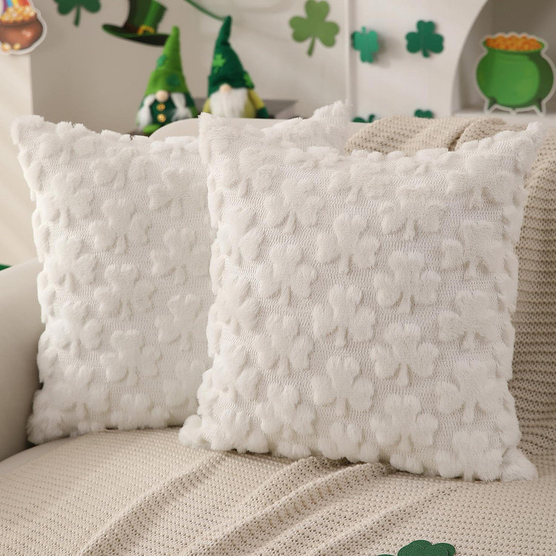 2pcs Soft Faux Fur Cream Shamrock Decorative Lucky Clover Throw Pillowcase for Spring Home Bed Sofa Couch., White