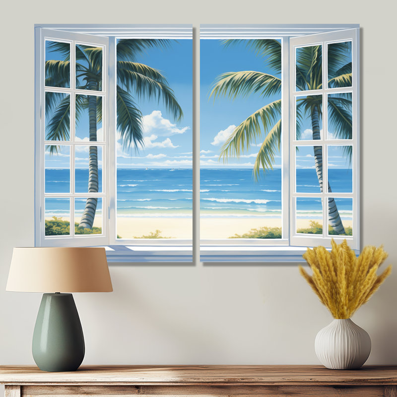 Vue sur l'océan par une fenêtre blanche ouverte I - art mural sur toile surdimensionné côtier, H 36 po x l 48 po